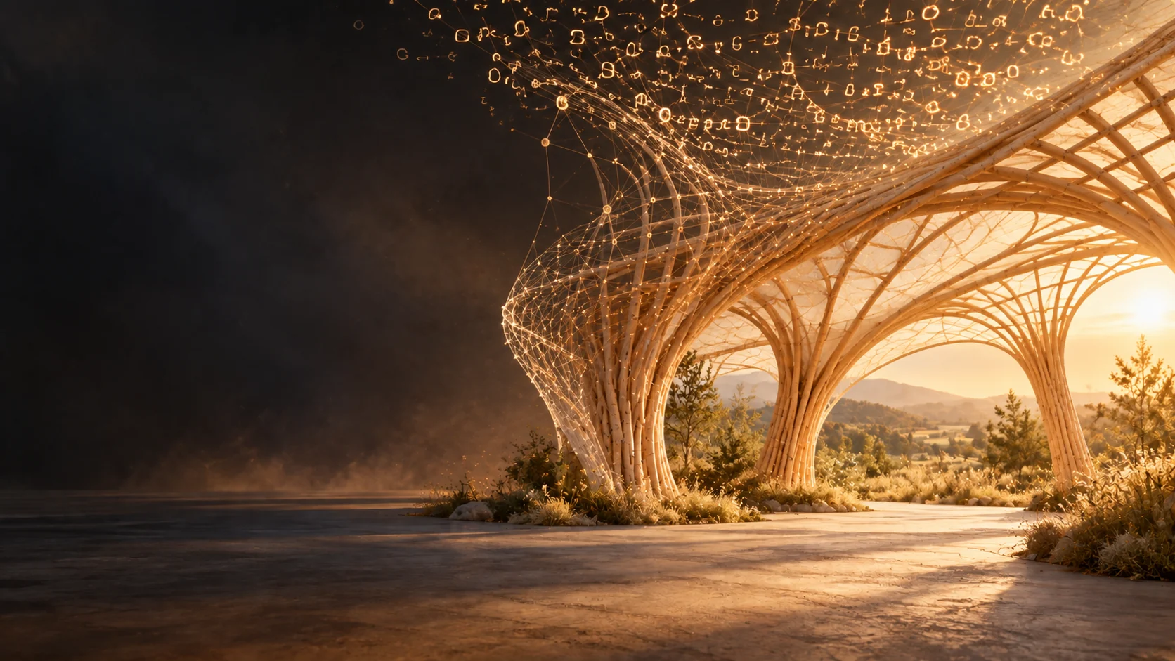 Nervature architettoniche naturali e vegetazione emergono dal codice nella luce calda.