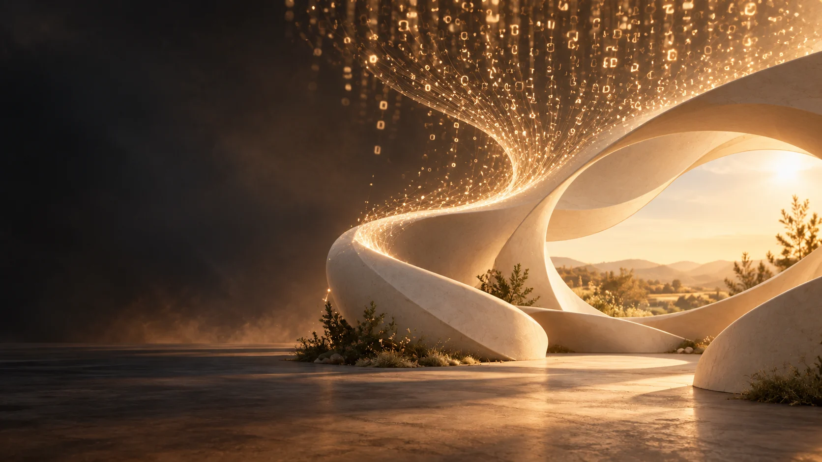 Organic architecture, greenery and warm light: code becomes matter.